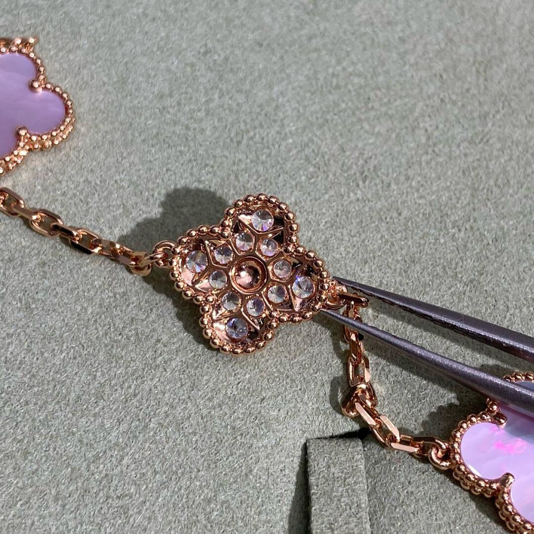 [Aurelle Style]CLOVER 10 MOTIFS DIAMOND PINK MOP NECKLACE