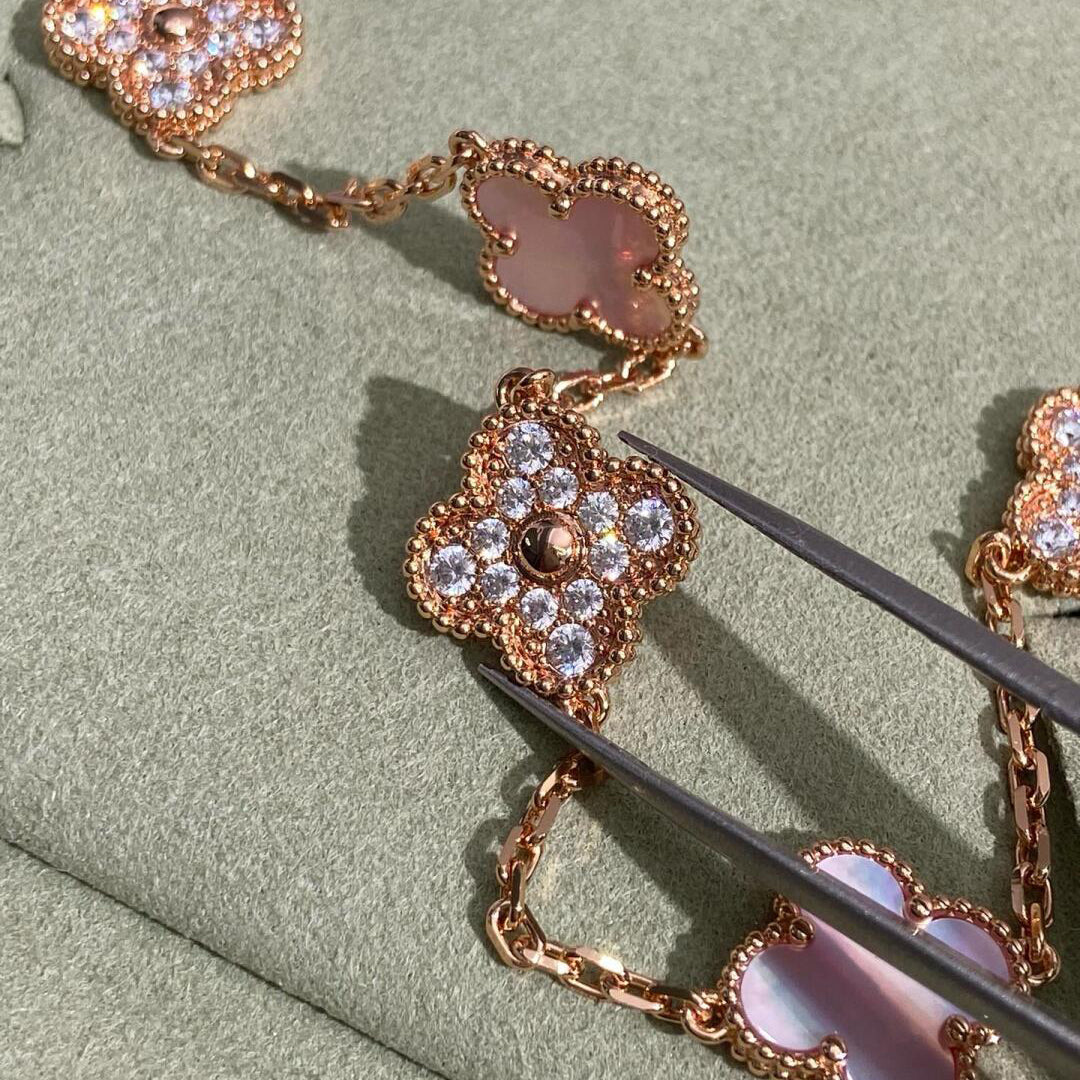 [Aurelle Style]CLOVER 10 MOTIFS DIAMOND PINK MOP NECKLACE