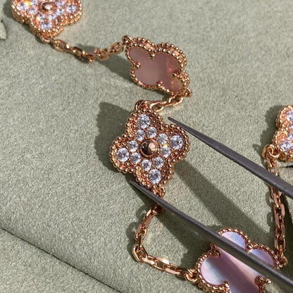 [Aurelle Style]CLOVER 10 MOTIFS DIAMOND PINK MOP NECKLACE