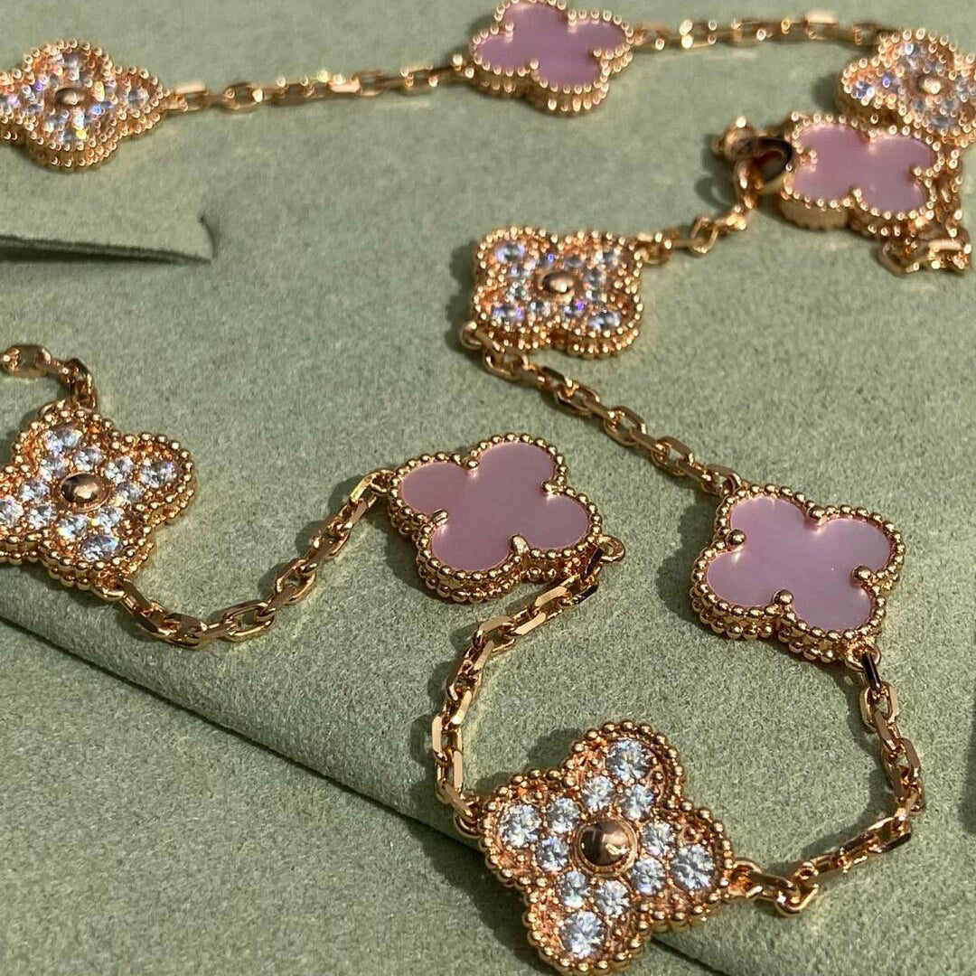 [Aurelle Style]CLOVER 10 MOTIFS DIAMOND PINK MOP NECKLACE