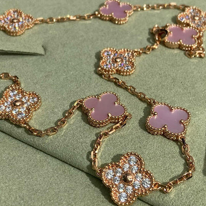 [Aurelle Style]CLOVER 10 MOTIFS DIAMOND PINK MOP NECKLACE