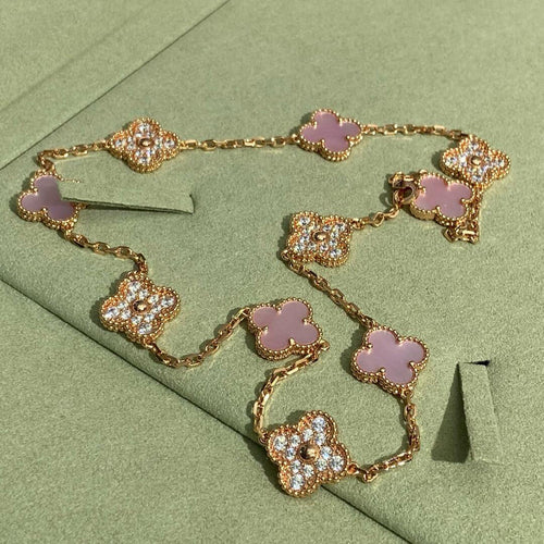 [Aurelle Style]CLOVER 10 MOTIFS DIAMOND PINK MOP NECKLACE