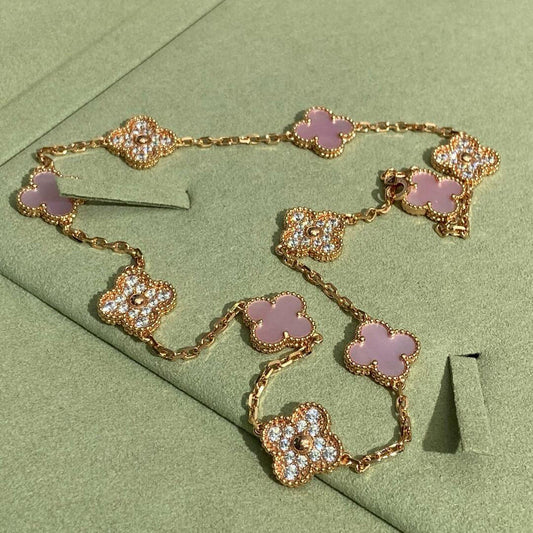 [Aurelle Style]CLOVER 10 MOTIFS DIAMOND PINK MOP NECKLACE