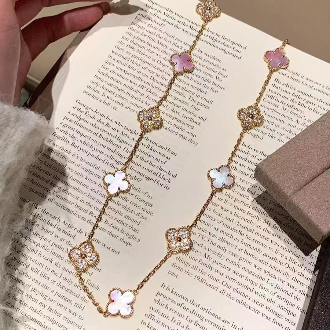 [Aurelle Style]CLOVER 10 MOTIFS DIAMOND PINK MOP NECKLACE
