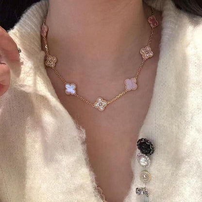 [Aurelle Style]CLOVER 10 MOTIFS DIAMOND PINK MOP NECKLACE
