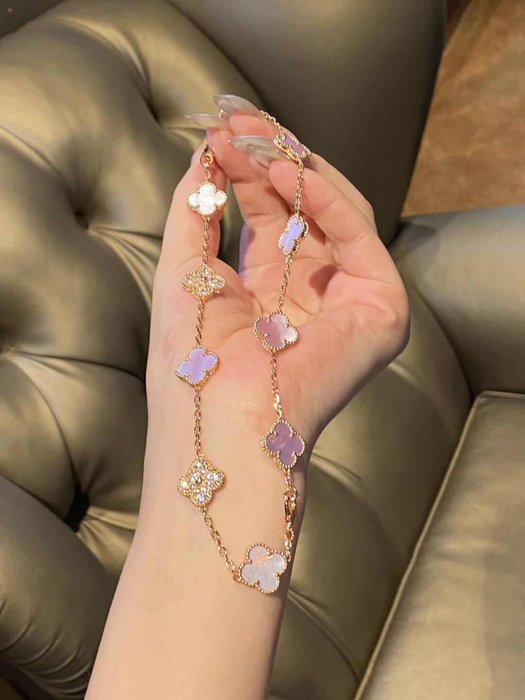 [Aurelle Style]CLOVER 10 MOTIFS DIAMOND PINK MOP NECKLACE