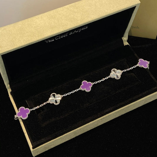 [Aurelle Style]CLOVER  5 MOTIFS  PURPLE VIOLET BRACELET SILVER