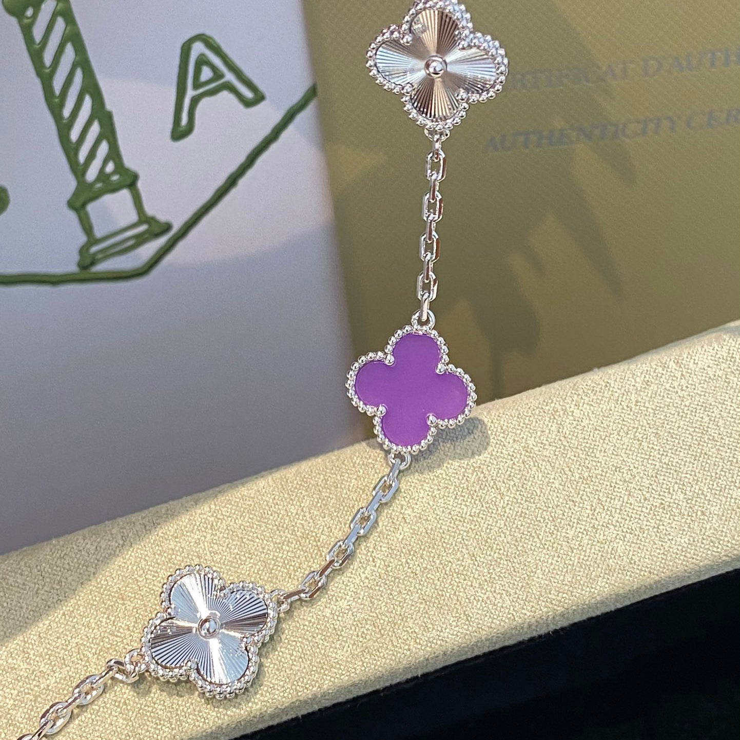 [Aurelle Style]CLOVER  5 MOTIFS  PURPLE VIOLET BRACELET SILVER