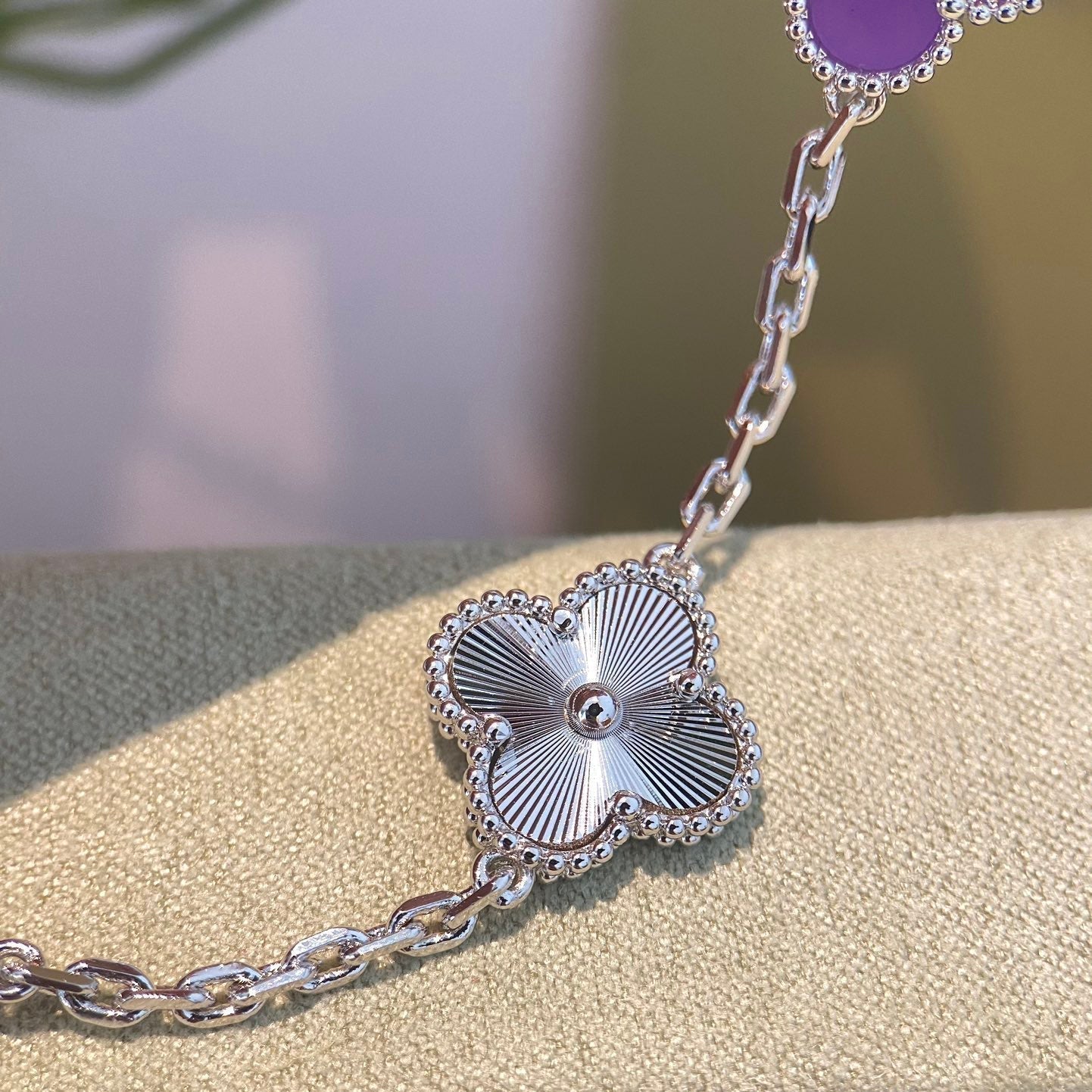 [Aurelle Style]CLOVER  5 MOTIFS  PURPLE VIOLET BRACELET SILVER