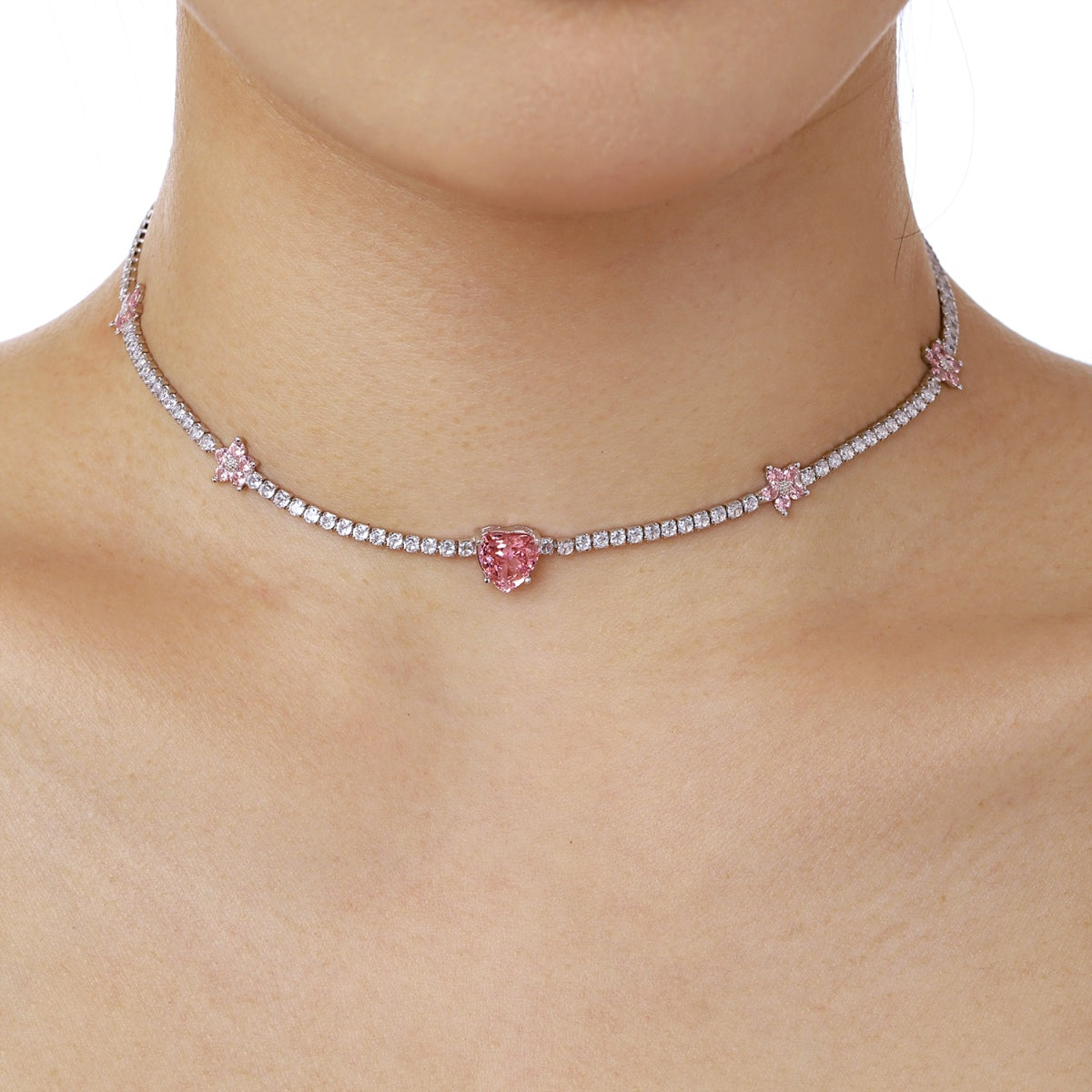 [Aurelle Style]Dazzling Pink Heart Flower Necklace