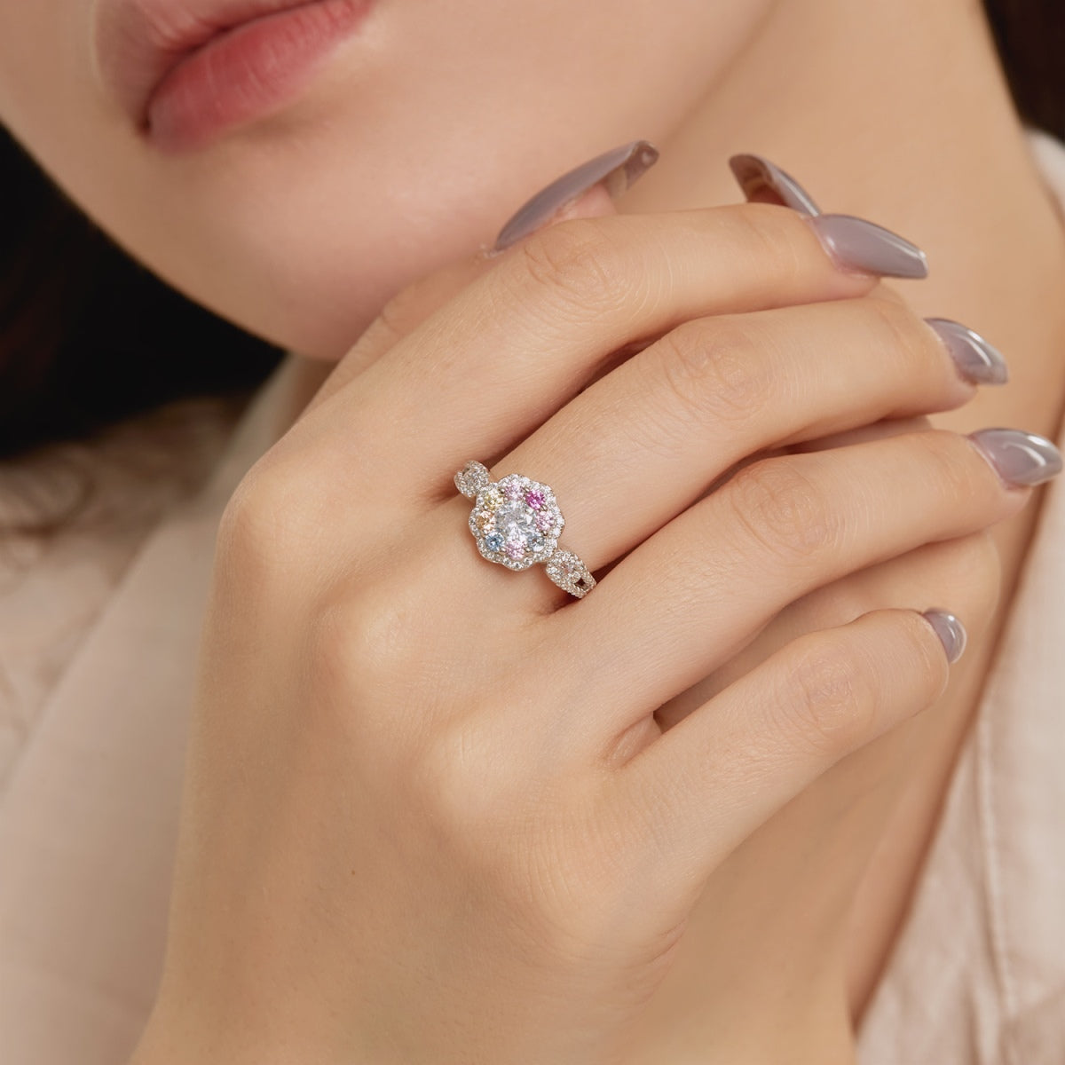 [Aurelle Style]Delicate Colorful Round Cut Flower Shape Wedding Ring