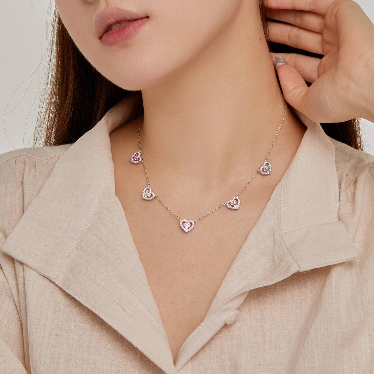 [Aurelle Style]Sparkling Five Heart Necklace
