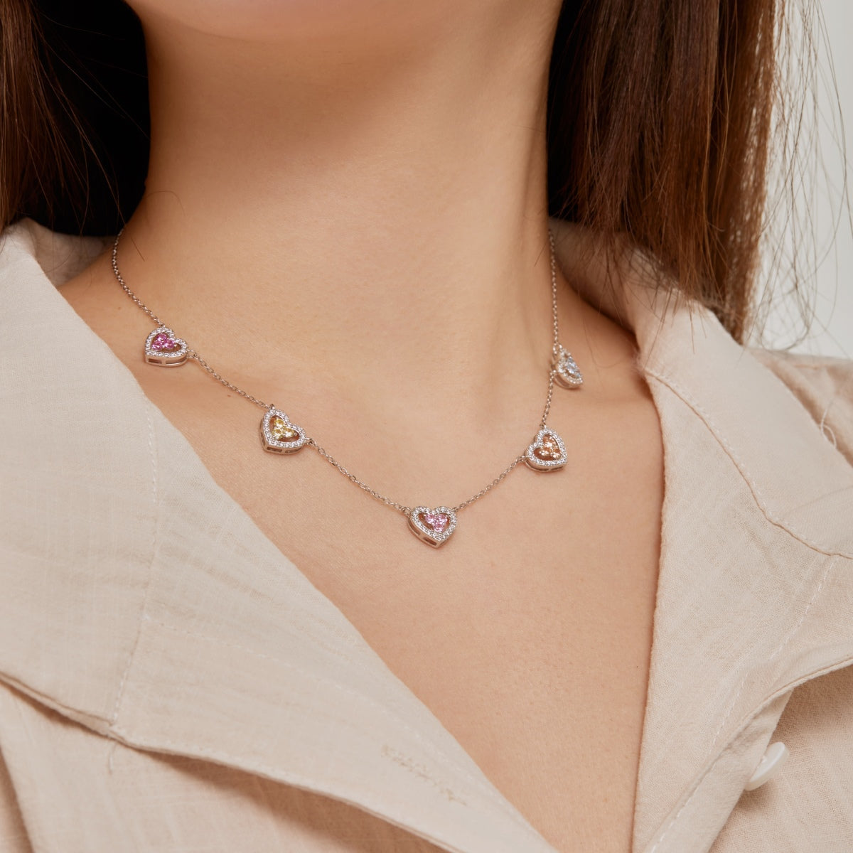 [Aurelle Style]Sparkling Five Heart Necklace