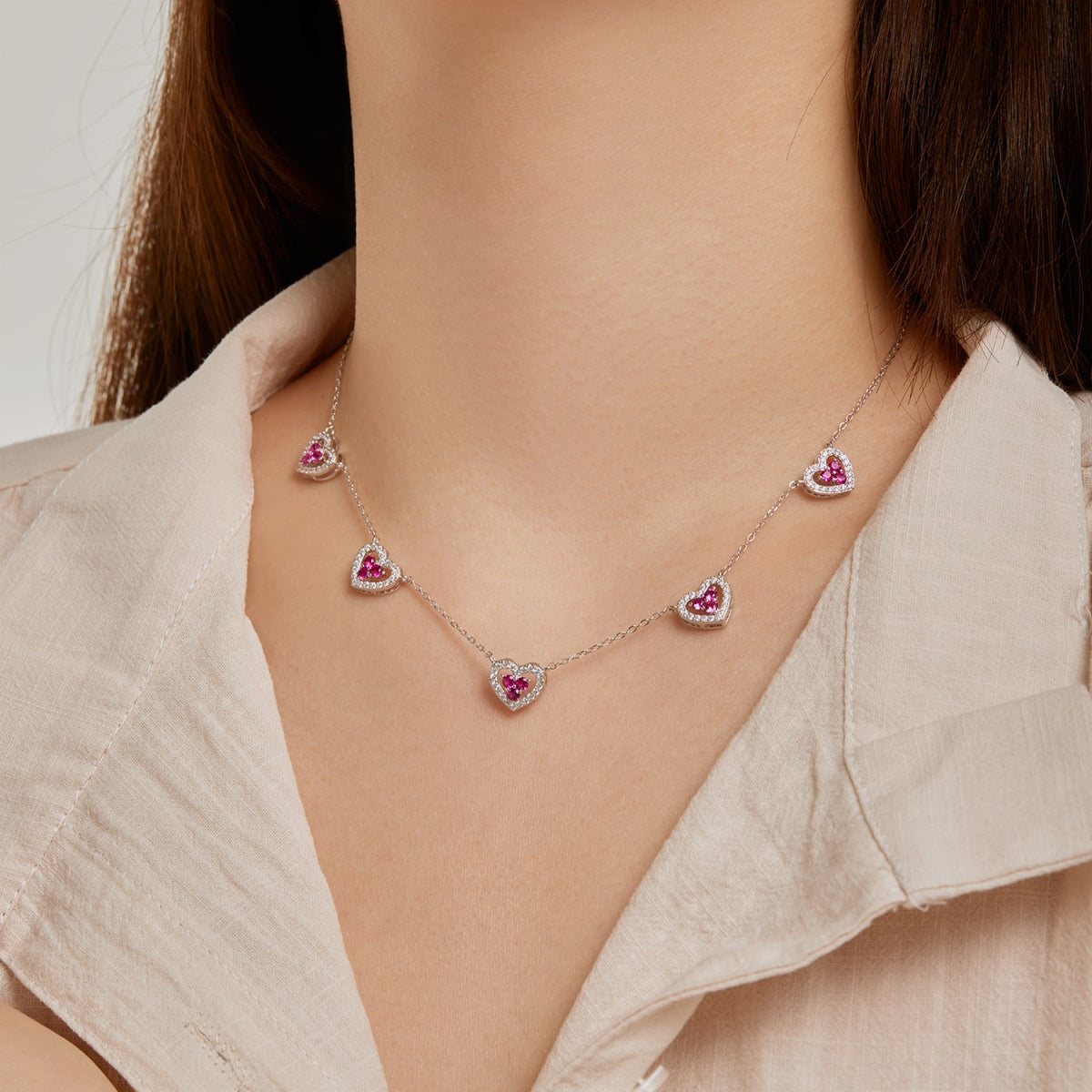 [Aurelle Style]Sparkling Five Heart Necklace
