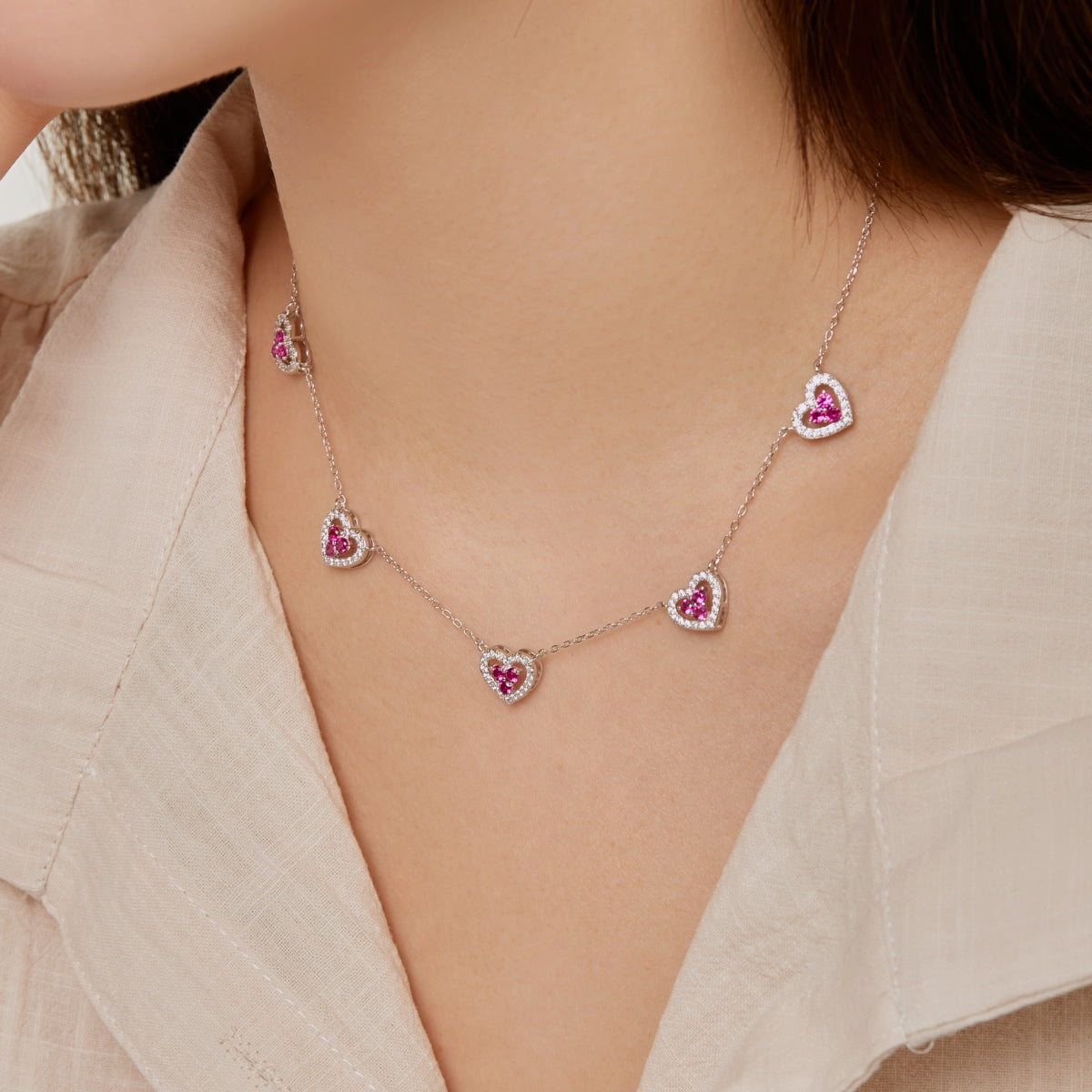 [Aurelle Style]Sparkling Five Heart Necklace