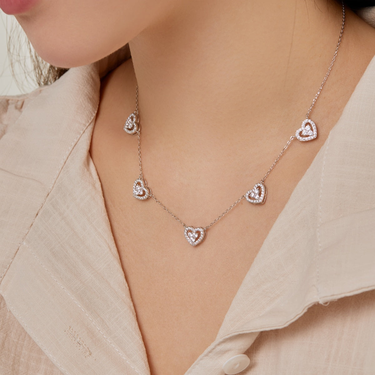 [Aurelle Style]Sparkling Five Heart Necklace