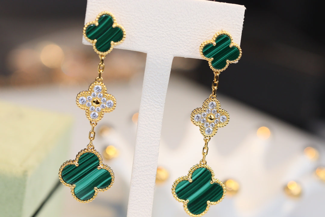 [Aurelle Style]CLOVER EARRINGS GOLD MALACHITE DIAMOND 3 MOTIF
