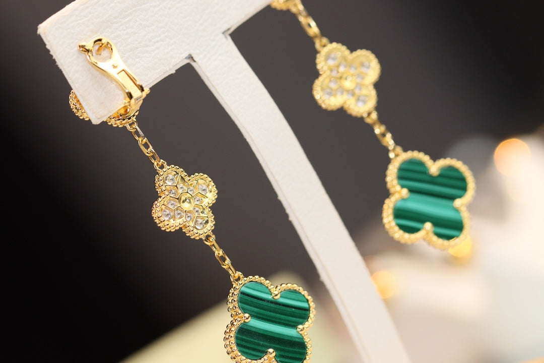 [Aurelle Style]CLOVER EARRINGS GOLD MALACHITE DIAMOND 3 MOTIF