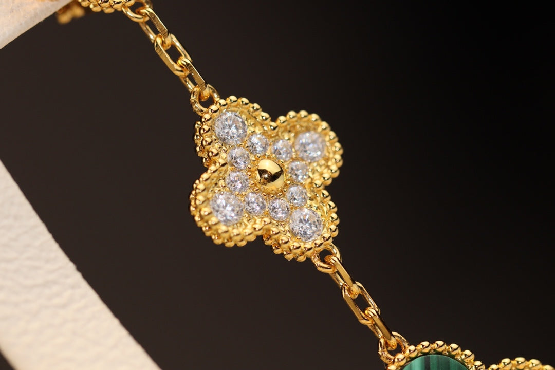 [Aurelle Style]CLOVER EARRINGS GOLD MALACHITE DIAMOND 3 MOTIF
