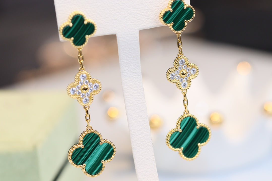 [Aurelle Style]CLOVER EARRINGS GOLD MALACHITE DIAMOND 3 MOTIF