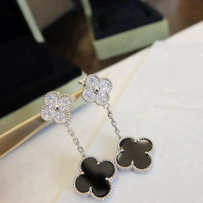[Aurelle Style]CLOVER 2 MOTIFS  DIAMOND ONYX EARRINGS SILVER