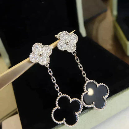 [Aurelle Style]CLOVER 2 MOTIFS  DIAMOND ONYX EARRINGS SILVER