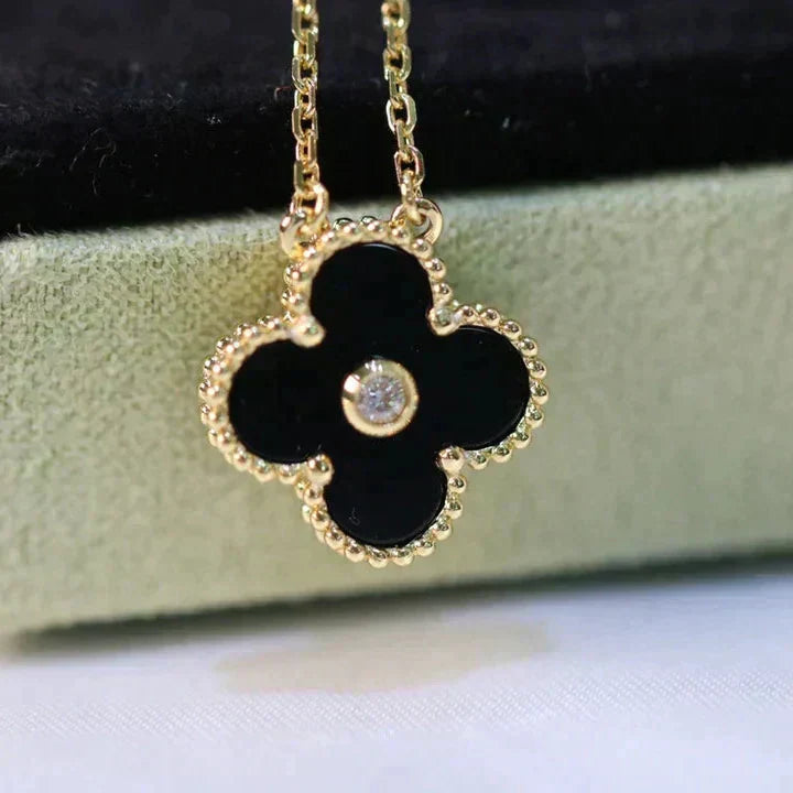 [Aurelle Style]CLOVER 15MM DIAMOND ONYX NECKLACE