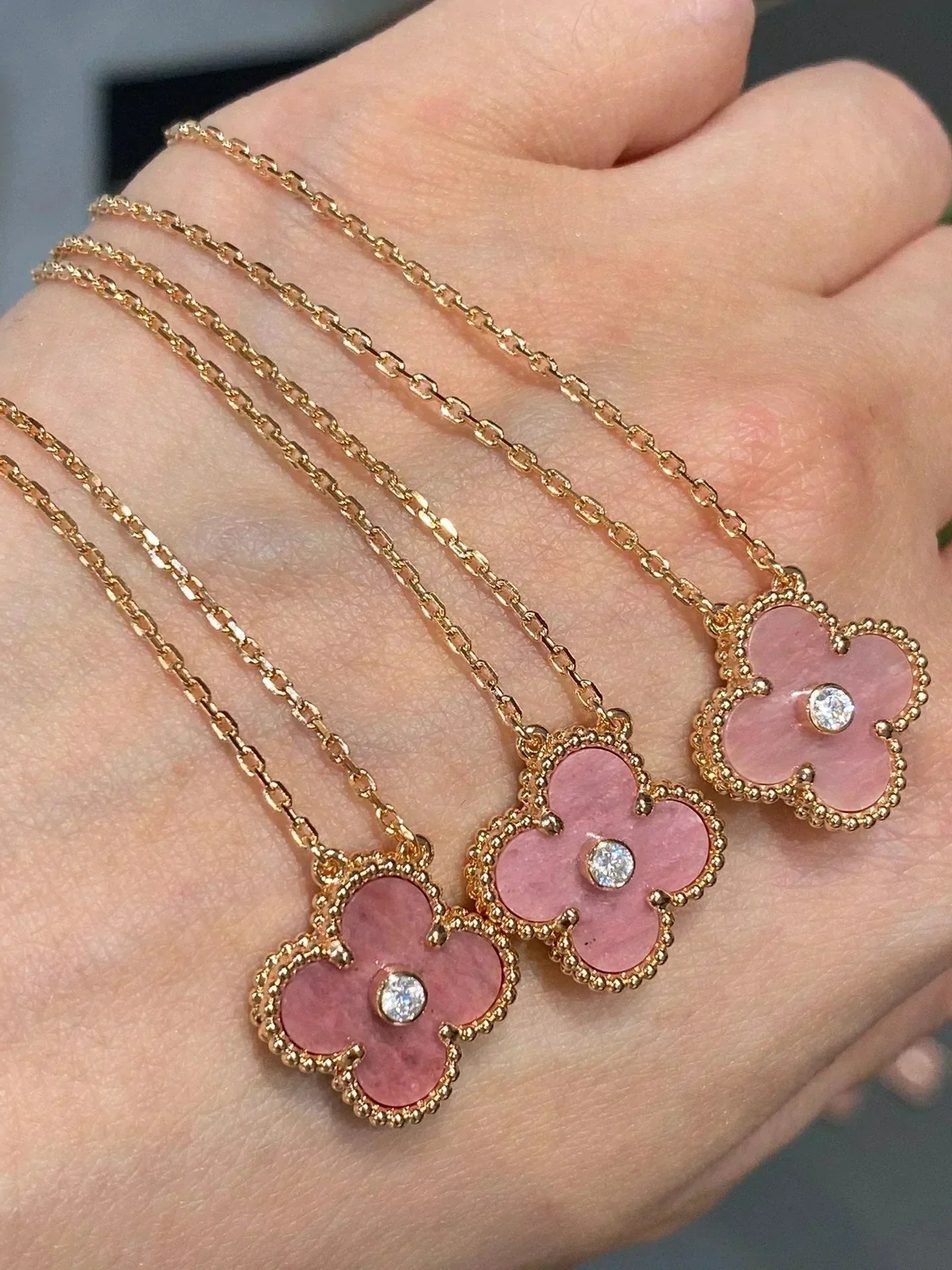 [Aurelle Style]CLOVER 15MM DIAMOND RHODONITE NECKLACE