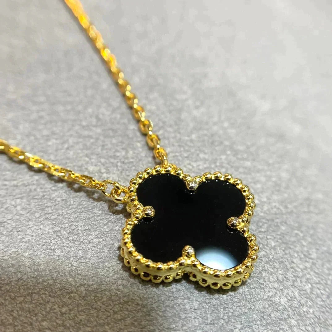 [Aurelle Style]CLOVER 15MM BLACK ONYX SINGLE FLOWER NECKLACE