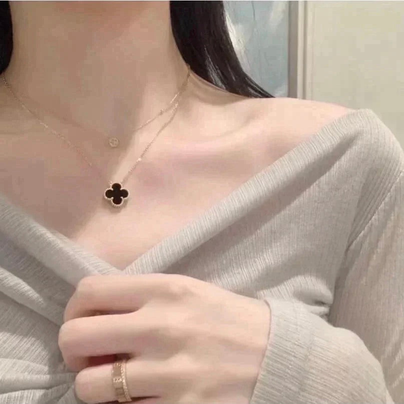 [Aurelle Style]CLOVER 15MM BLACK ONYX SINGLE FLOWER NECKLACE