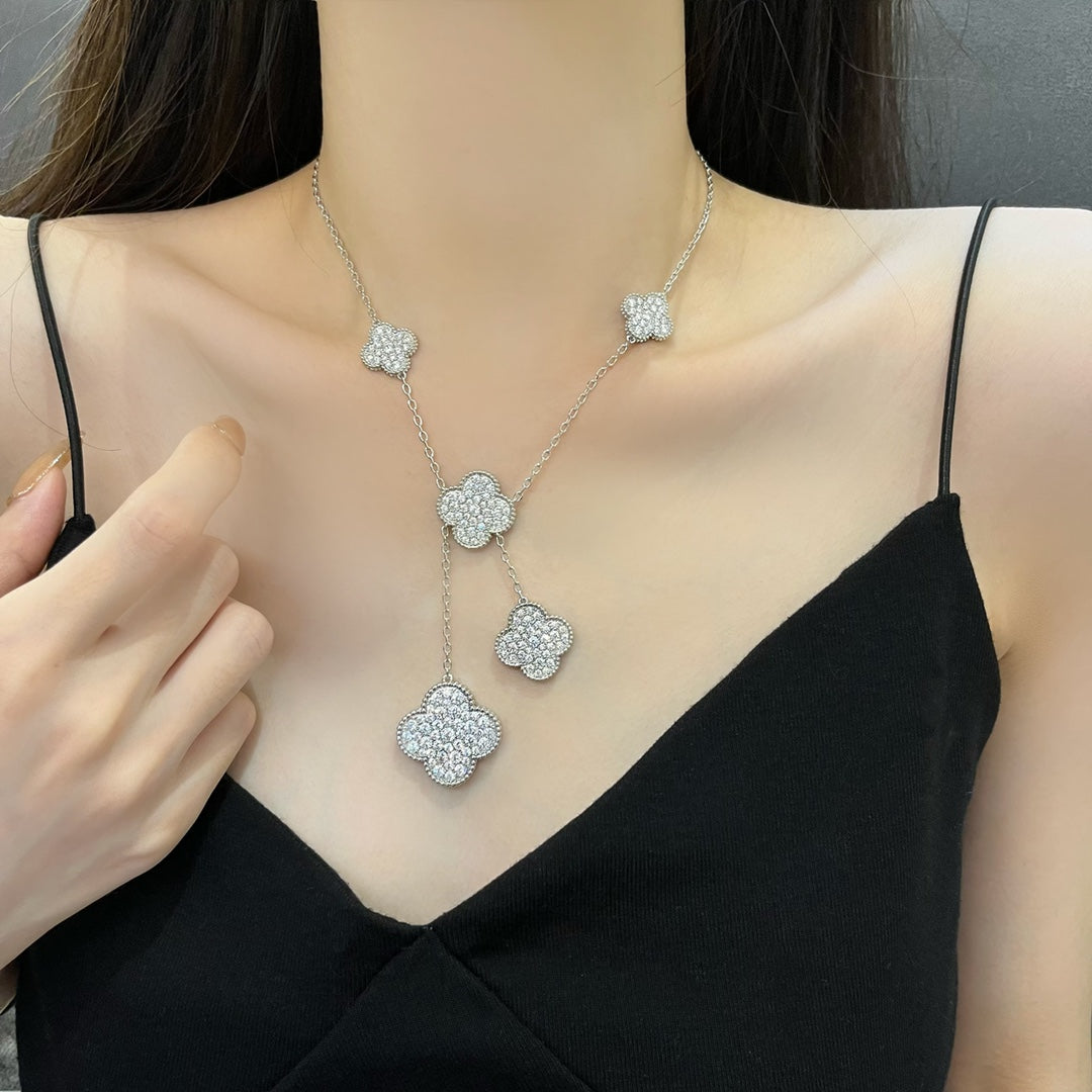 [Aurelle Style]CLOVER 5 MOTIFS SILVER DIAMONDS NECKLACE