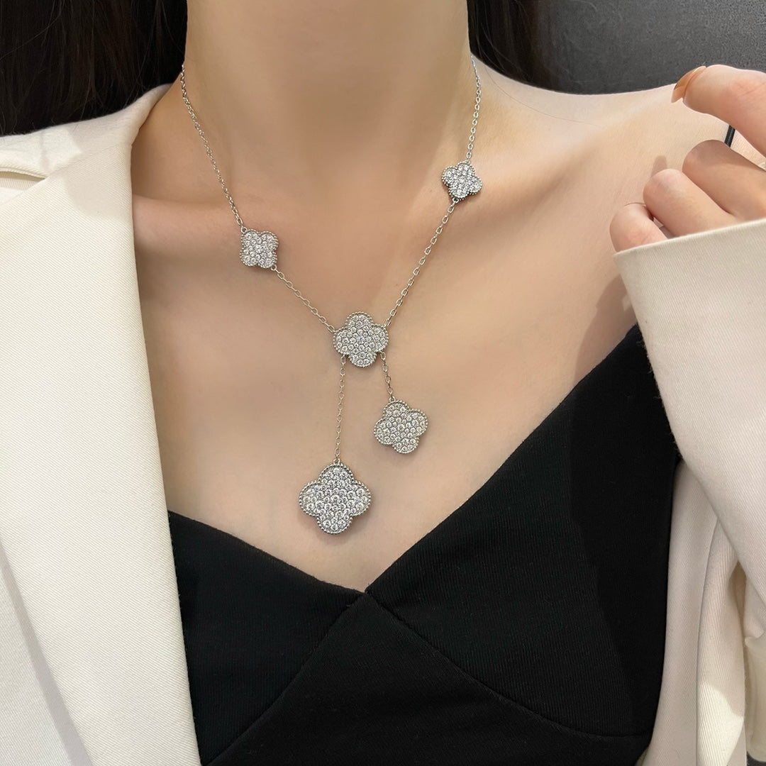 [Aurelle Style]CLOVER 5 MOTIFS SILVER DIAMONDS NECKLACE