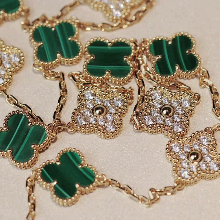 [Aurelle Style]CLOVER 20 MOTIFS MALACHITE DIAMOND NECKLACE