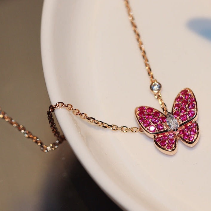 [TOP]BUTTERFLY RED DIAMOND ROSE GOLD NECKLACE