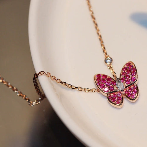 [TOP]BUTTERFLY RED DIAMOND ROSE GOLD NECKLACE