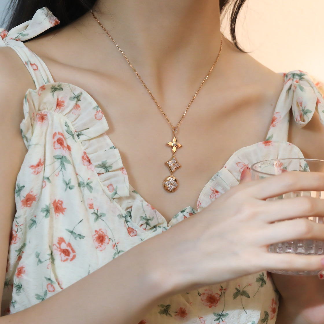 [Aurelle Style]STAR AND SUN DIAMOND PINK GOLD NECKLACE