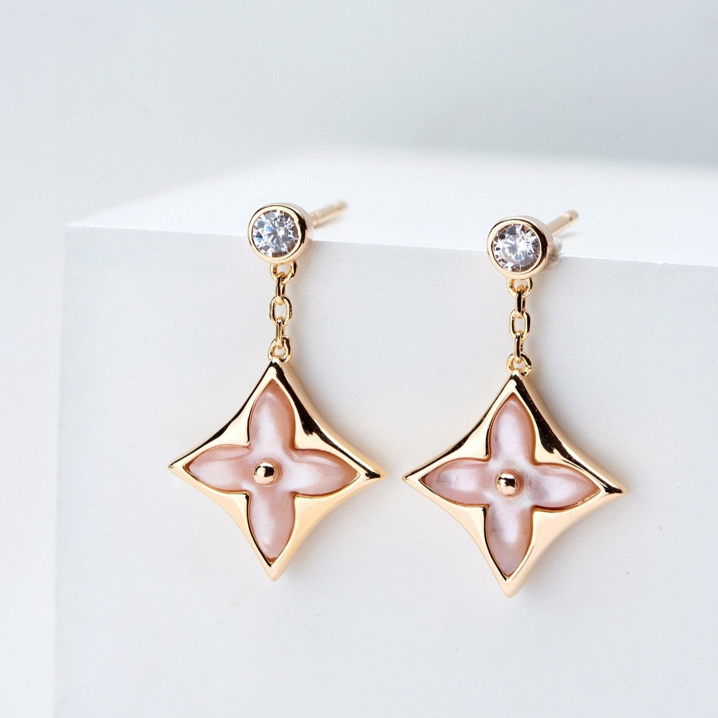 [Aurelle Style]DOUBLE STAR PINK GOLD MOP DROP EARRINGS