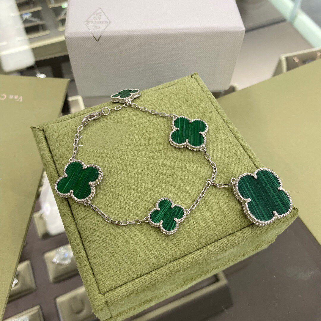 [Aurelle Style]CLOVER 5 MOTIFS SIVLER MALACHITE BRACELET