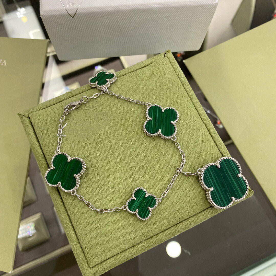 [Aurelle Style]CLOVER 5 MOTIFS SIVLER MALACHITE BRACELET