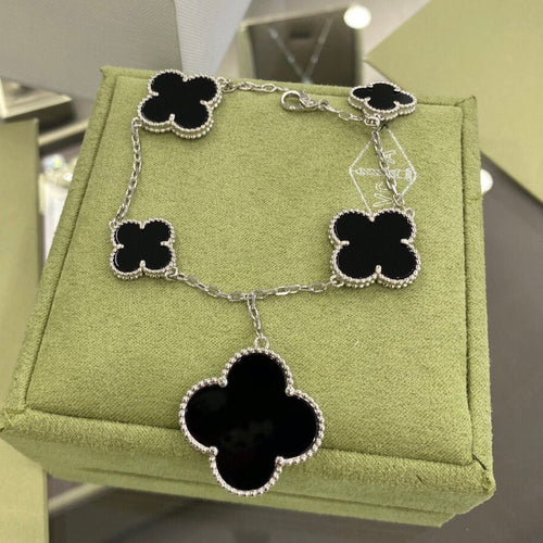 [Aurelle Style]CLOVER 5 MOTIFS SIVLER ONYX BRACELET