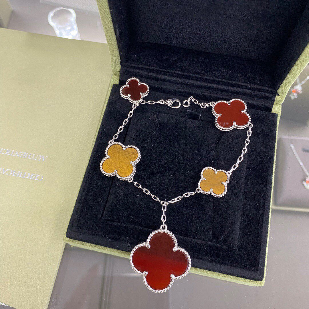 [Aurelle Style]CLOVER 5 MOTIFS SIVLER CARNELIAN TIGER EYE BRACELET