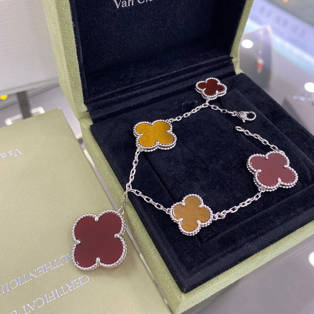 [Aurelle Style]CLOVER 5 MOTIFS SIVLER CARNELIAN TIGER EYE BRACELET