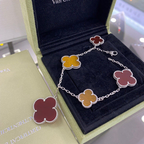 [Aurelle Style]CLOVER 5 MOTIFS SIVLER CARNELIAN TIGER EYE BRACELET