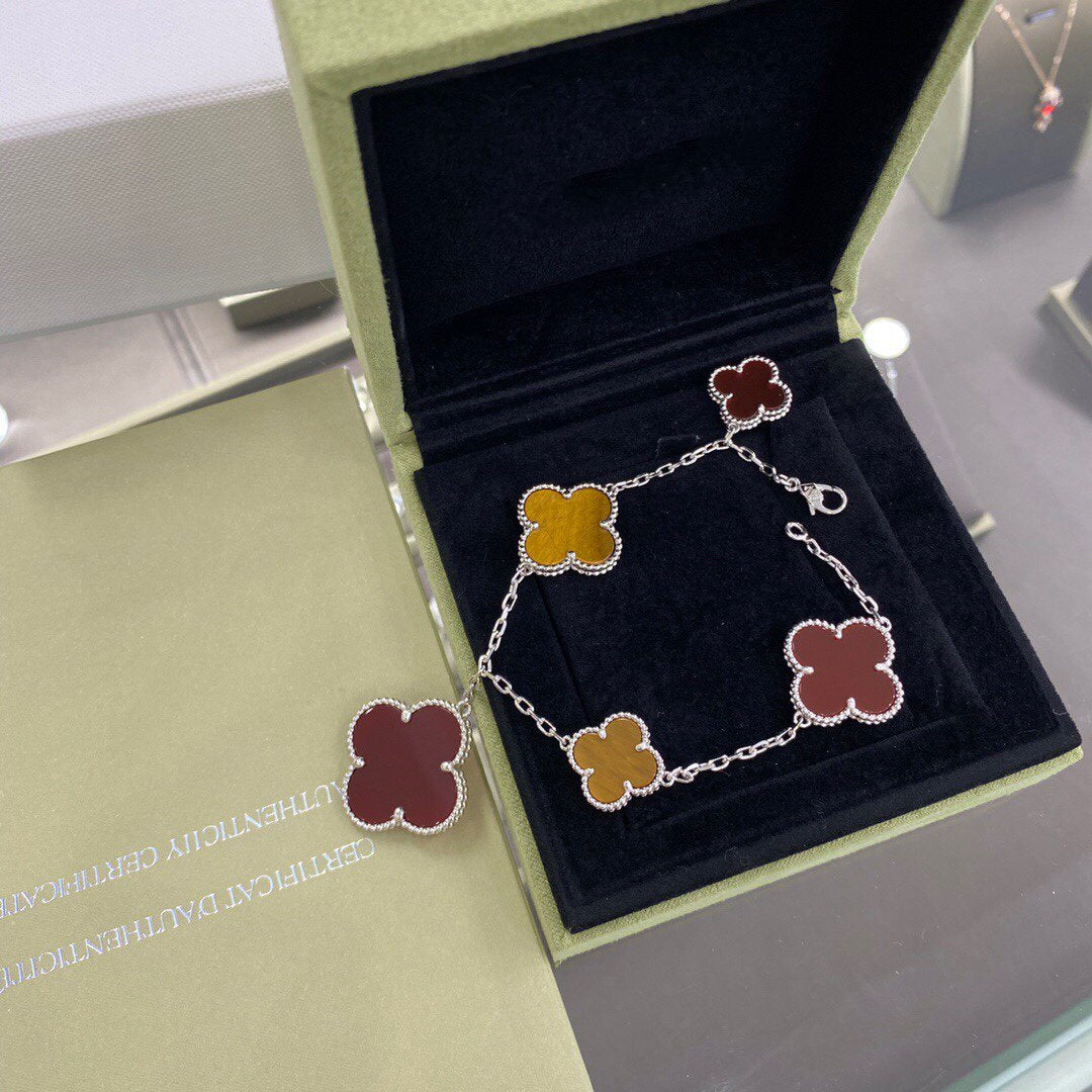 [Aurelle Style]CLOVER 5 MOTIFS SIVLER CARNELIAN TIGER EYE BRACELET