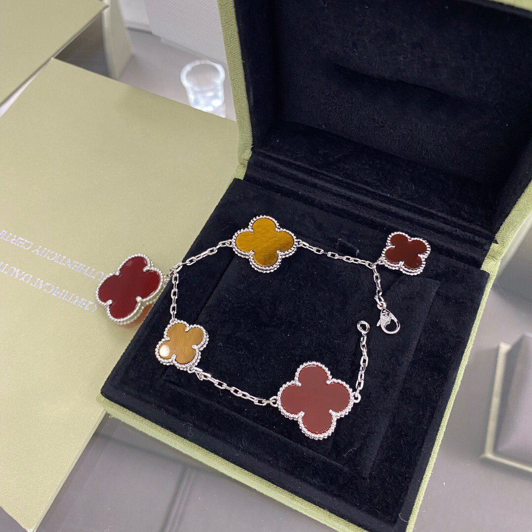 [Aurelle Style]CLOVER 5 MOTIFS SIVLER CARNELIAN TIGER EYE BRACELET