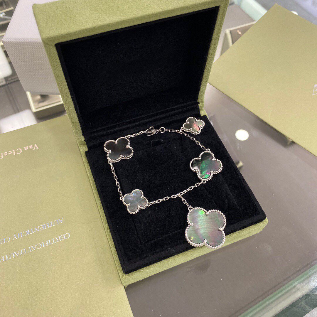 [Aurelle Style]CLOVER 5 MOTIFS SIVLER DARK MOP BRACELET