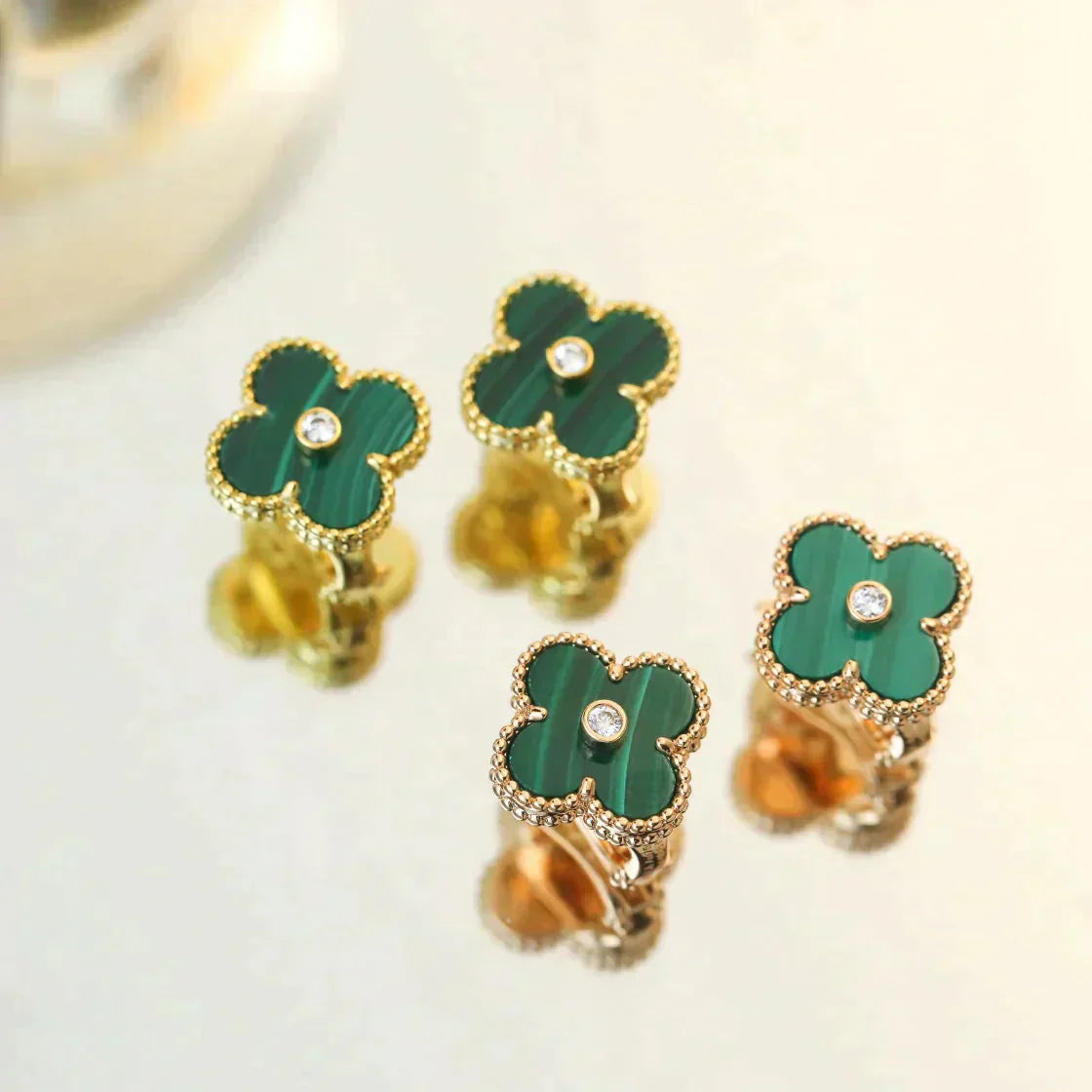 [Aurelle Style]CLOVER MEDIUM 1 MOTIFS MALACHITE DIAMOND EARRINGS