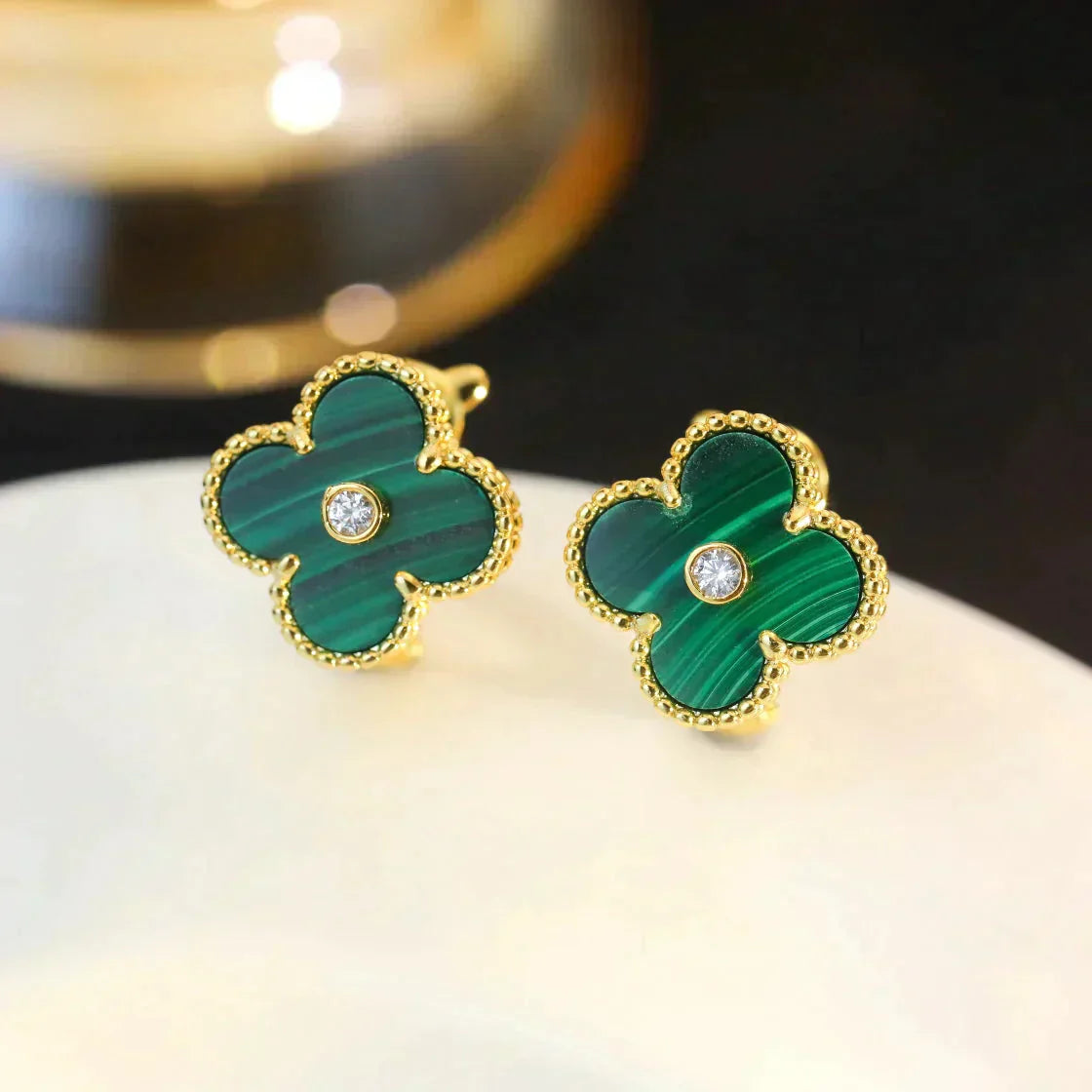 [Aurelle Style]CLOVER MEDIUM 1 MOTIFS MALACHITE DIAMOND EARRINGS