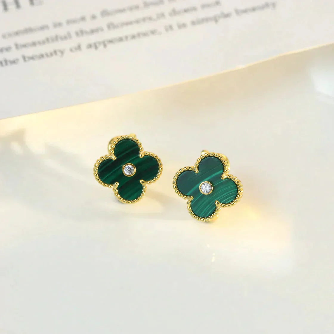 [Aurelle Style]CLOVER MEDIUM 1 MOTIFS MALACHITE DIAMOND EARRINGS