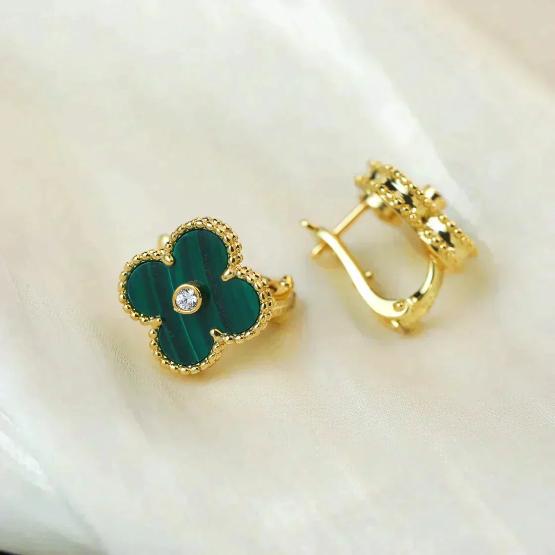 [Aurelle Style]CLOVER MEDIUM 1 MOTIFS MALACHITE DIAMOND EARRINGS